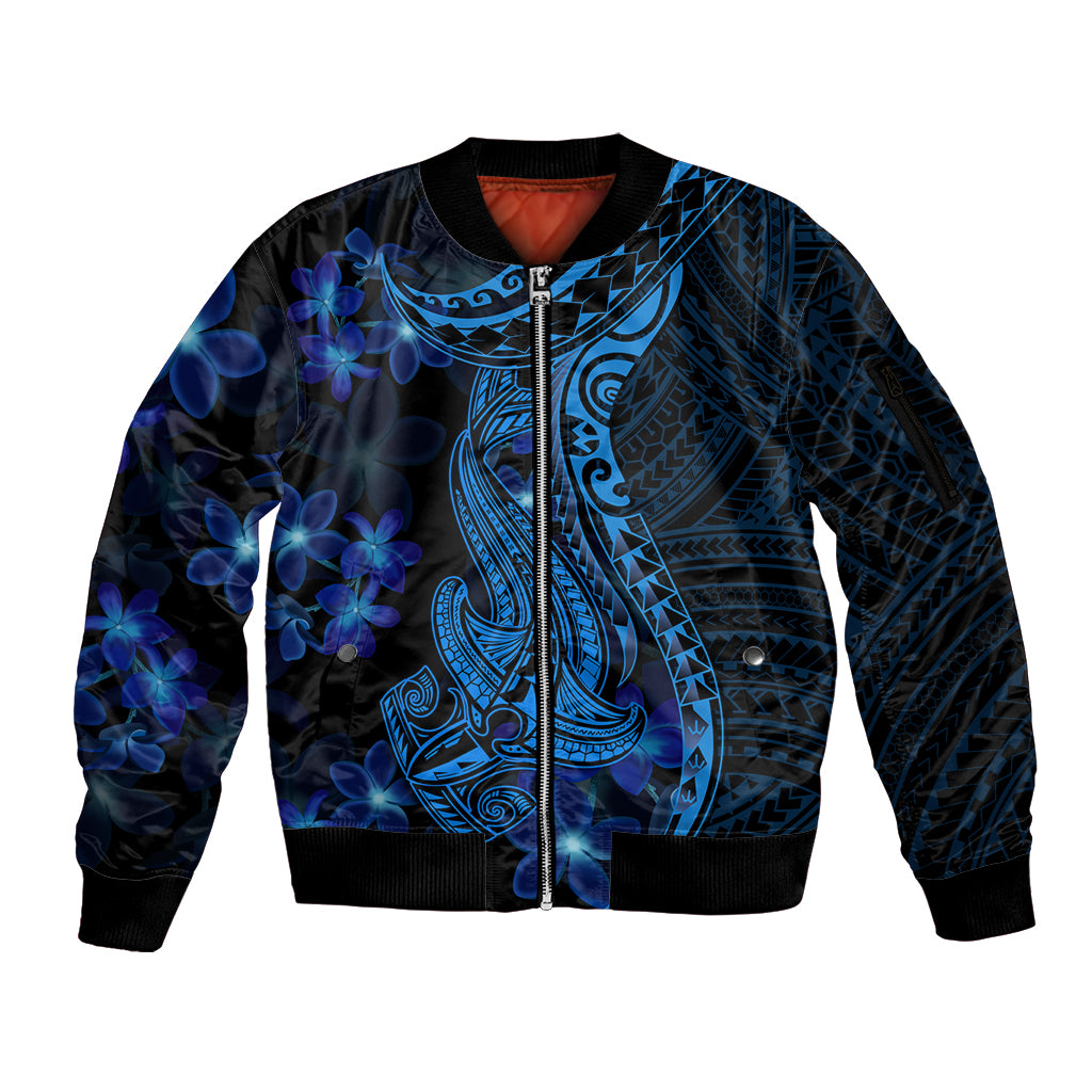Blue Polynesia Shark Tattoo Sleeve Zip Bomber Jacket With Polynesian Plumeria LT14 Unisex Blue - Polynesian Pride