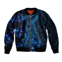Blue Polynesia Shark Tattoo Sleeve Zip Bomber Jacket With Polynesian Plumeria LT14 Unisex Blue - Polynesian Pride