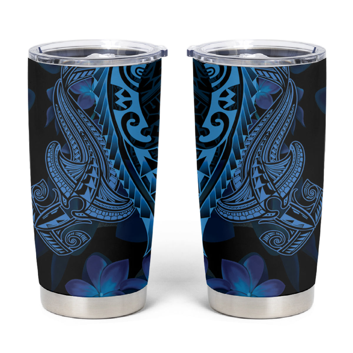 Blue Polynesia Shark Tattoo Tumbler Cup With Polynesian Plumeria