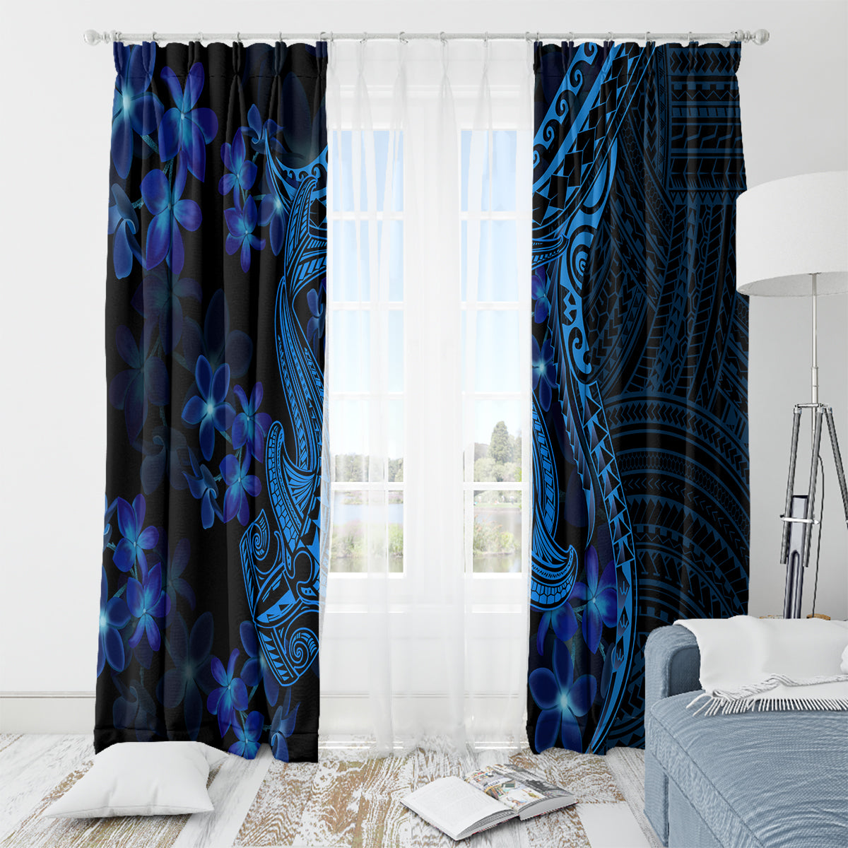 Blue Polynesia Shark Tattoo Window Curtain With Polynesian Plumeria LT14 - Polynesian Pride