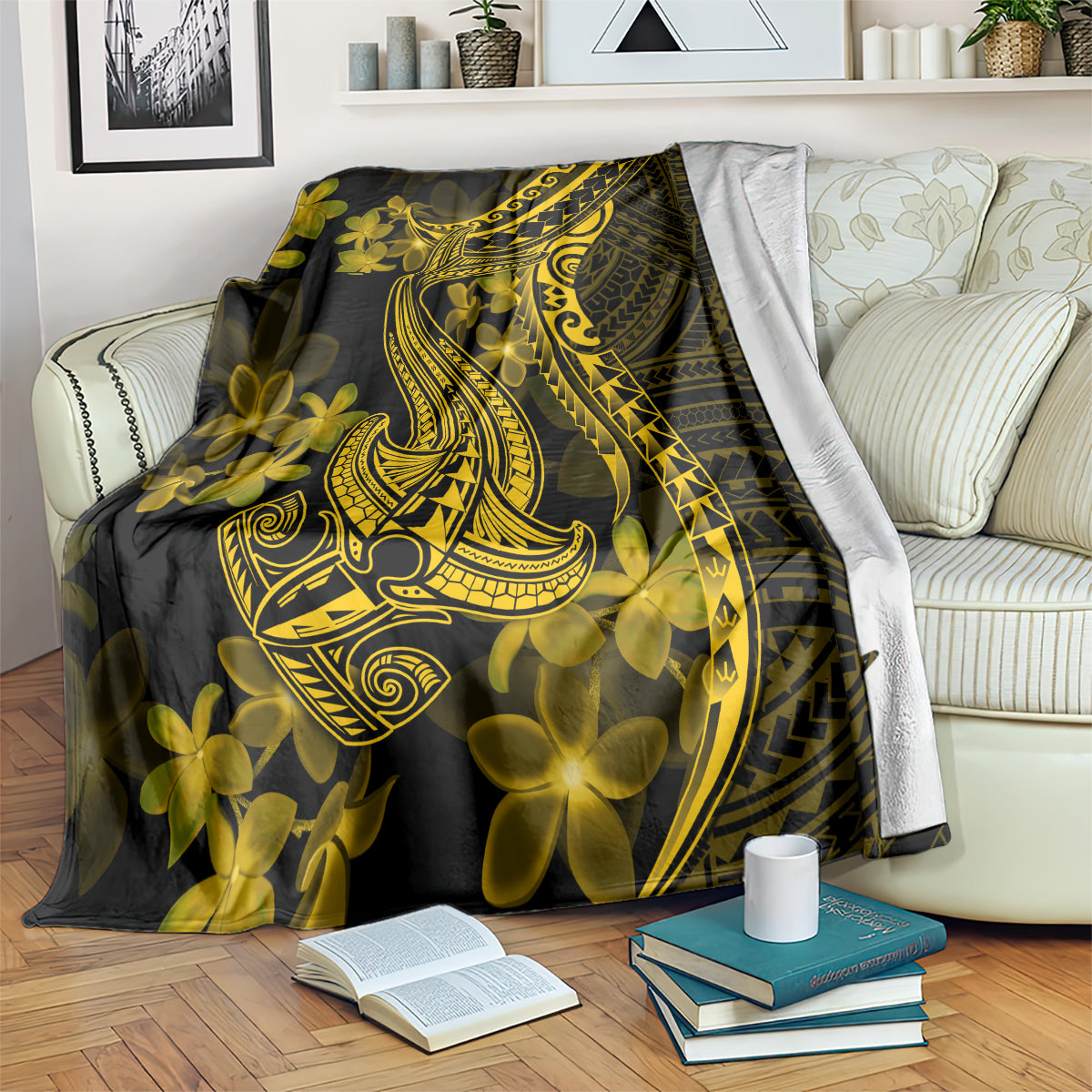 Gold Polynesia Shark Tattoo Blanket With Polynesian Plumeria LT14 - Polynesian Pride