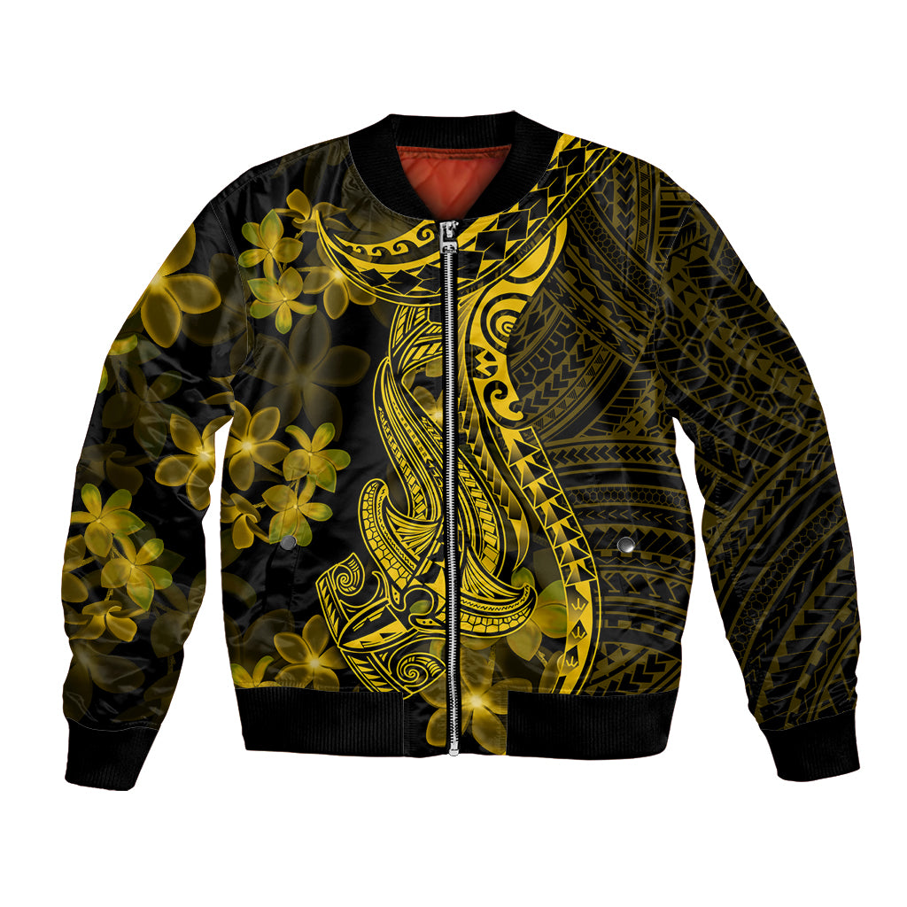 Gold Polynesia Shark Tattoo Bomber Jacket With Polynesian Plumeria LT14 Unisex Gold - Polynesian Pride