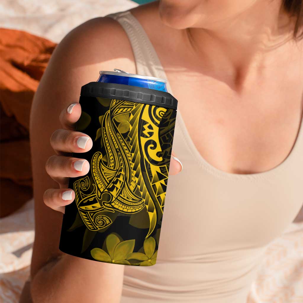 Gold Polynesia Shark Tattoo 4 in 1 Can Cooler Tumbler With Polynesian Plumeria