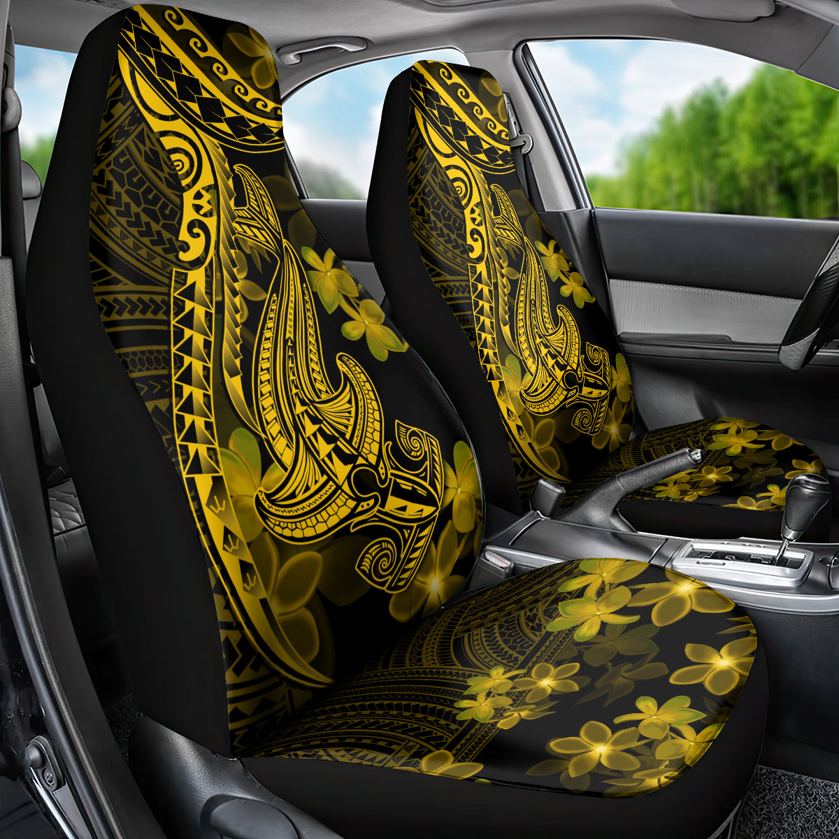 Gold Polynesia Shark Tattoo Car Seat Cover With Polynesian Plumeria LT14 - Polynesian Pride