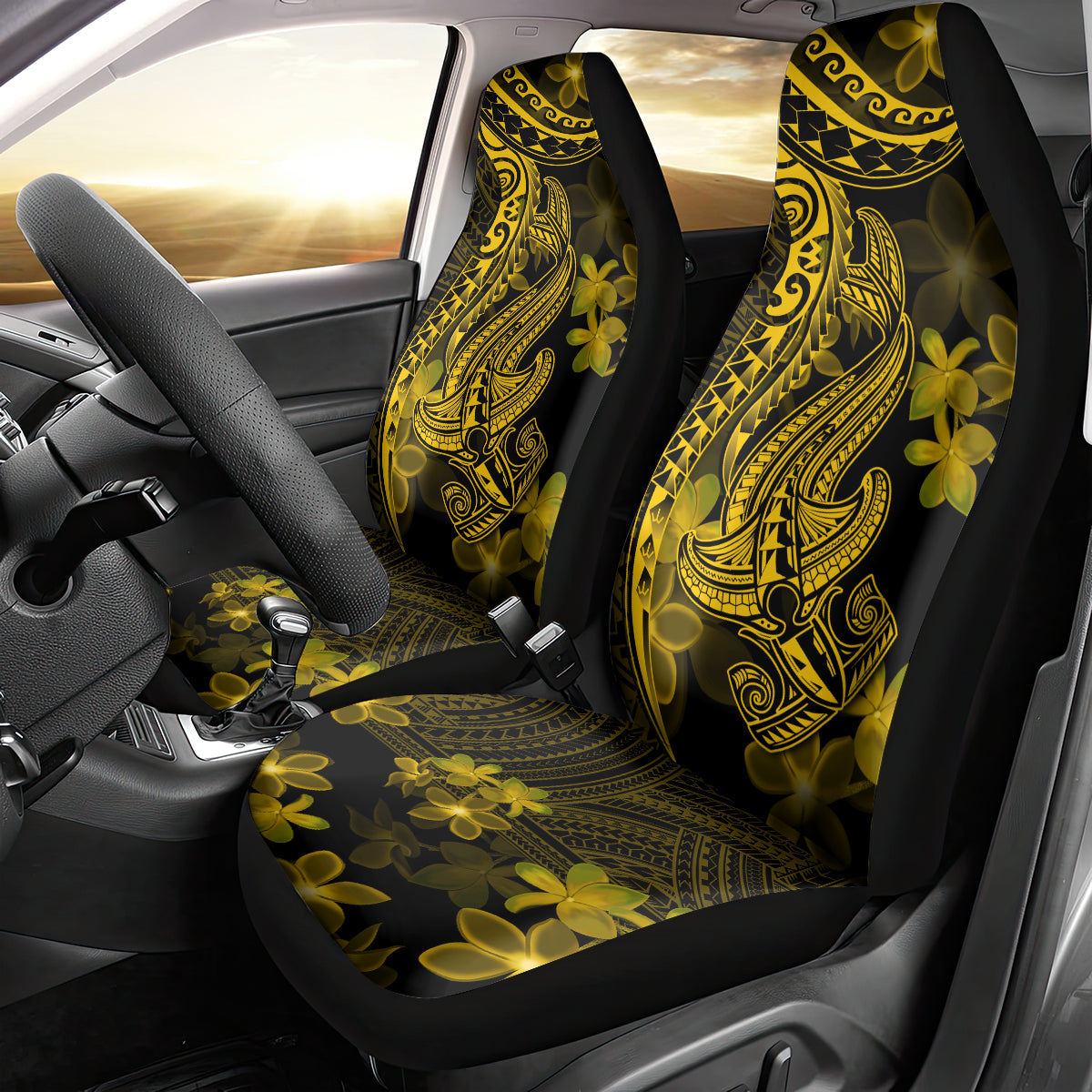 Gold Polynesia Shark Tattoo Car Seat Cover With Polynesian Plumeria LT14 - Polynesian Pride