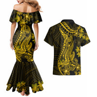 Gold Polynesia Shark Tattoo Couples Matching Mermaid Dress and Hawaiian Shirt With Polynesian Plumeria LT14 - Polynesian Pride