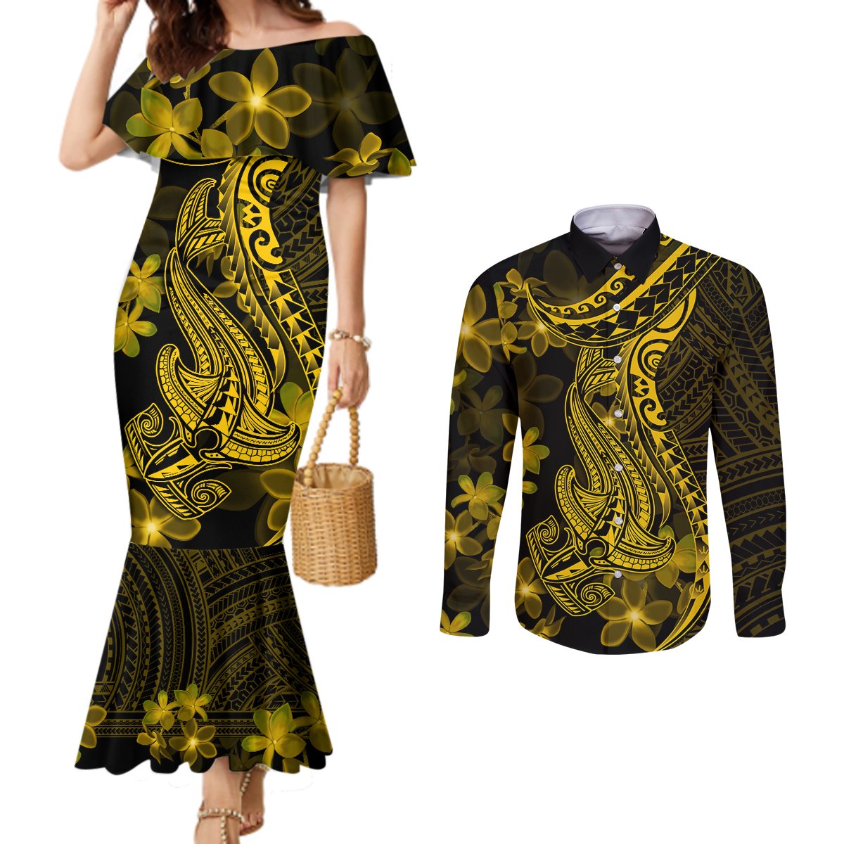 Gold Polynesia Shark Tattoo Couples Matching Mermaid Dress and Long Sleeve Button Shirt With Polynesian Plumeria LT14 Gold - Polynesian Pride