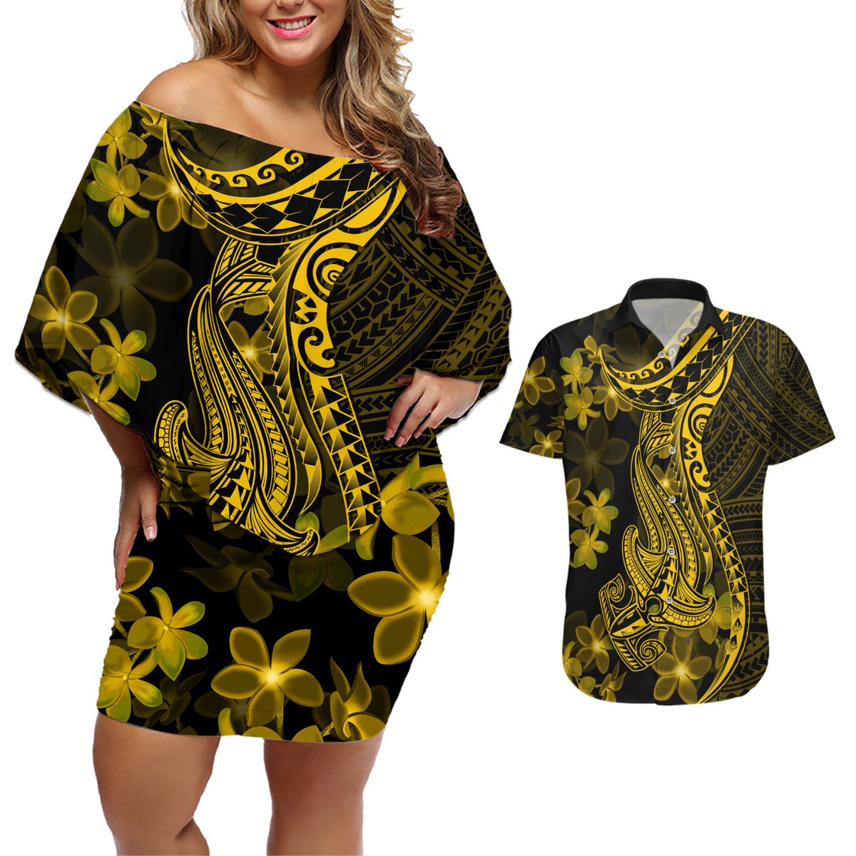 Gold Polynesia Shark Tattoo Couples Matching Off Shoulder Short Dress and Hawaiian Shirt With Polynesian Plumeria LT14 Gold - Polynesian Pride