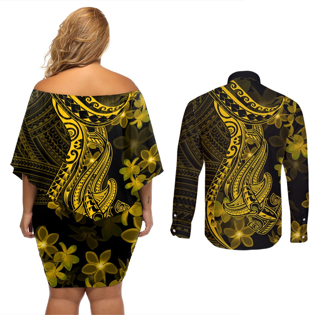 Gold Polynesia Shark Tattoo Couples Matching Off Shoulder Short Dress and Long Sleeve Button Shirt With Polynesian Plumeria LT14 - Polynesian Pride