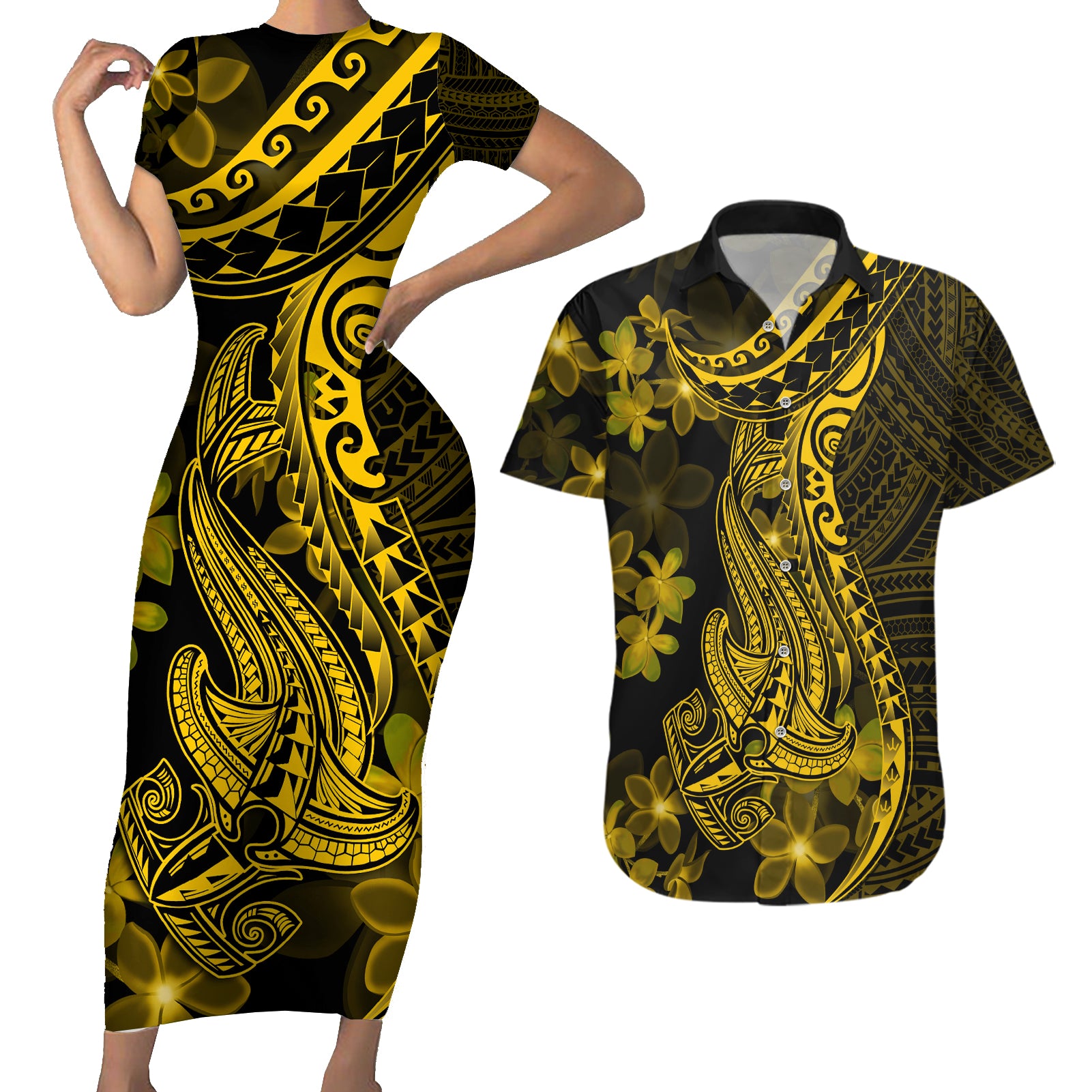 Gold Polynesia Shark Tattoo Couples Matching Short Sleeve Bodycon Dress and Hawaiian Shirt With Polynesian Plumeria LT14 Gold - Polynesian Pride