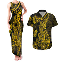 Gold Polynesia Shark Tattoo Couples Matching Tank Maxi Dress and Hawaiian Shirt With Polynesian Plumeria LT14 Gold - Polynesian Pride