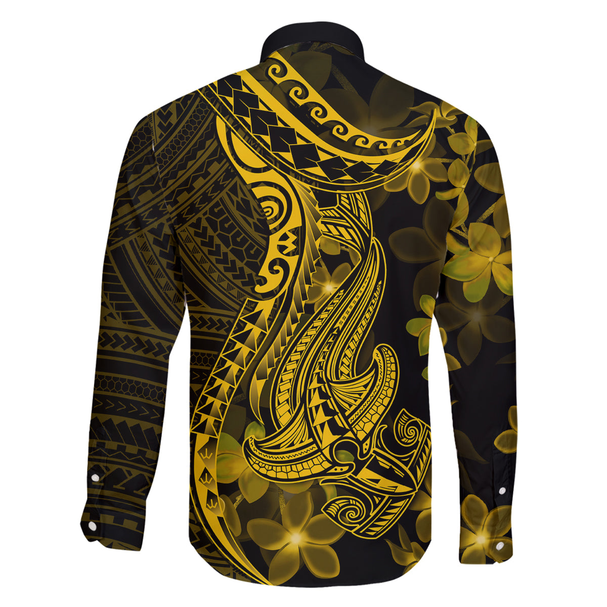 Gold Polynesia Shark Tattoo Family Matching Off Shoulder Long Sleeve Dress and Hawaiian Shirt With Polynesian Plumeria LT14 - Polynesian Pride