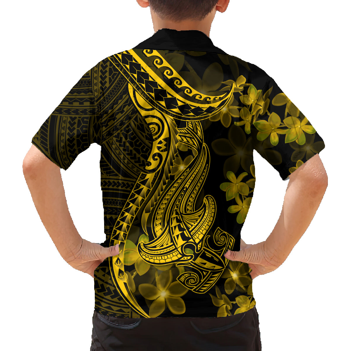 Gold Polynesia Shark Tattoo Family Matching Off Shoulder Maxi Dress and Hawaiian Shirt With Polynesian Plumeria LT14 - Polynesian Pride