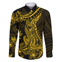 Gold Polynesia Shark Tattoo Family Matching Short Sleeve Bodycon Dress and Hawaiian Shirt With Polynesian Plumeria LT14 Dad's Shirt - Long Sleeve Gold - Polynesian Pride