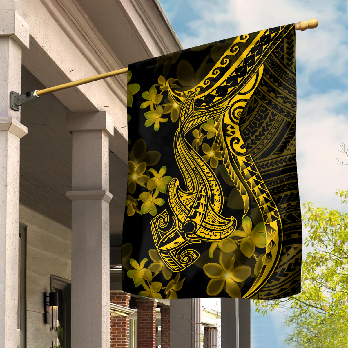 Gold Polynesia Shark Tattoo Garden Flag With Polynesian Plumeria LT14 House Flag Gold - Polynesian Pride