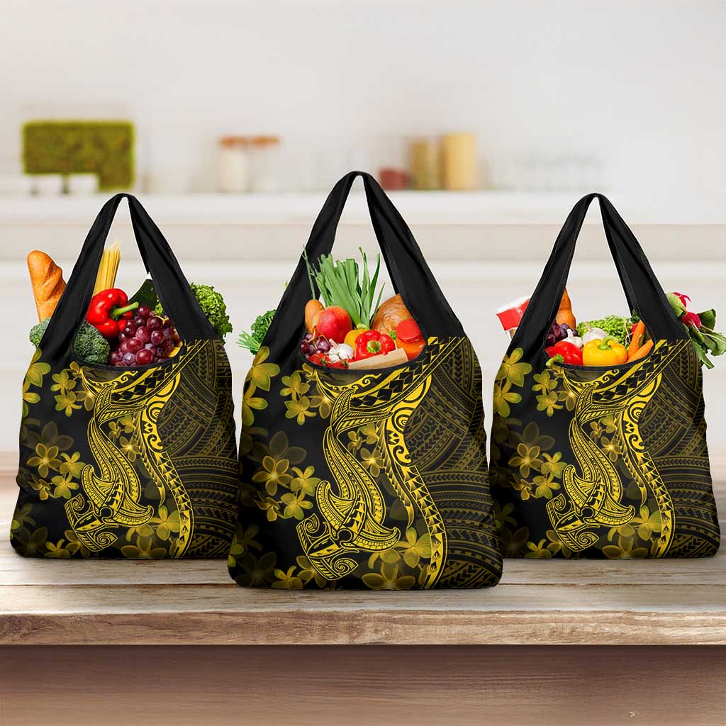 Gold Polynesia Shark Tattoo Grocery Bag With Polynesian Plumeria