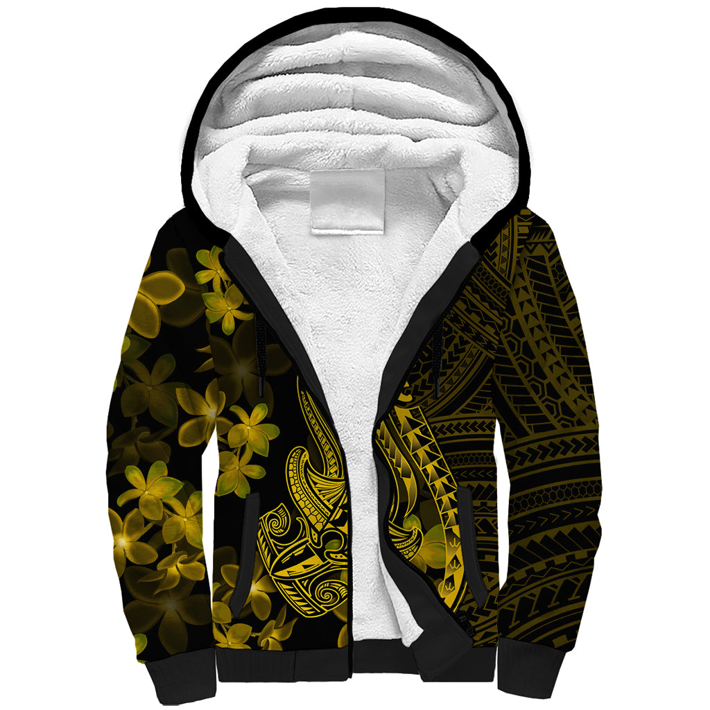 Gold Polynesia Shark Tattoo Sherpa Hoodie With Polynesian Plumeria LT14 Unisex Gold - Polynesian Pride