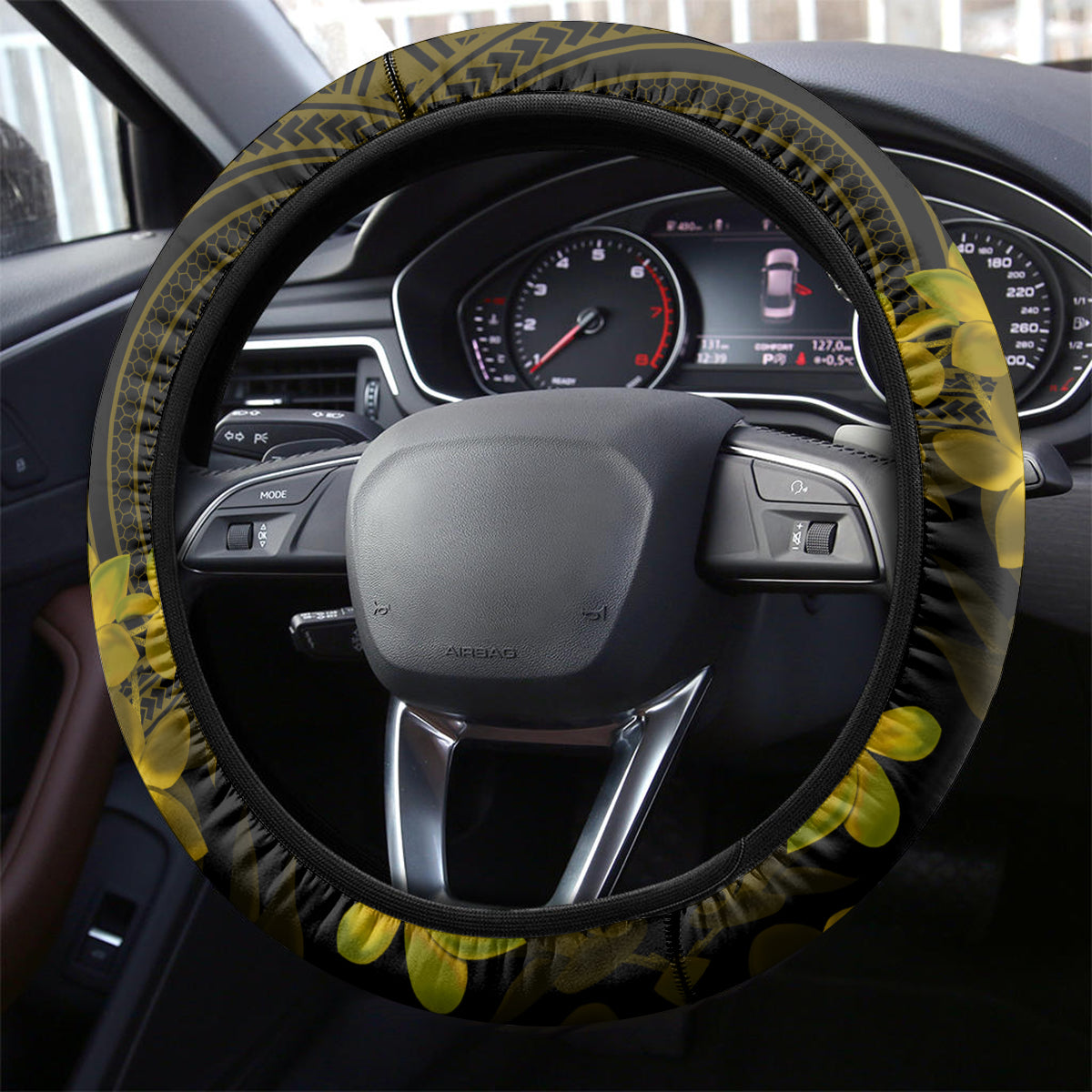 Gold Polynesia Shark Tattoo Steering Wheel Cover With Polynesian Plumeria