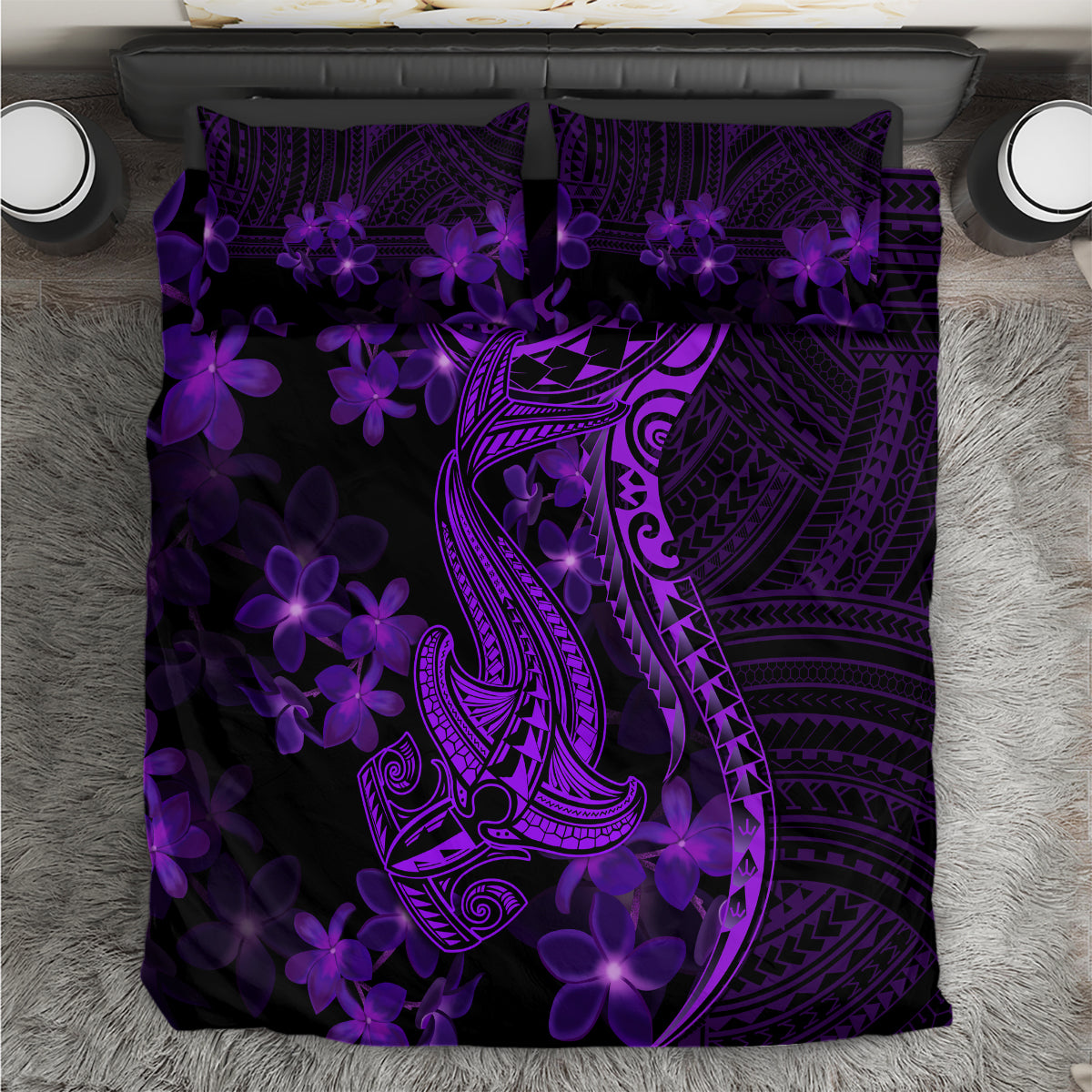 Purple Polynesia Shark Tattoo Bedding Set With Polynesian Plumeria LT14 Purple - Polynesian Pride
