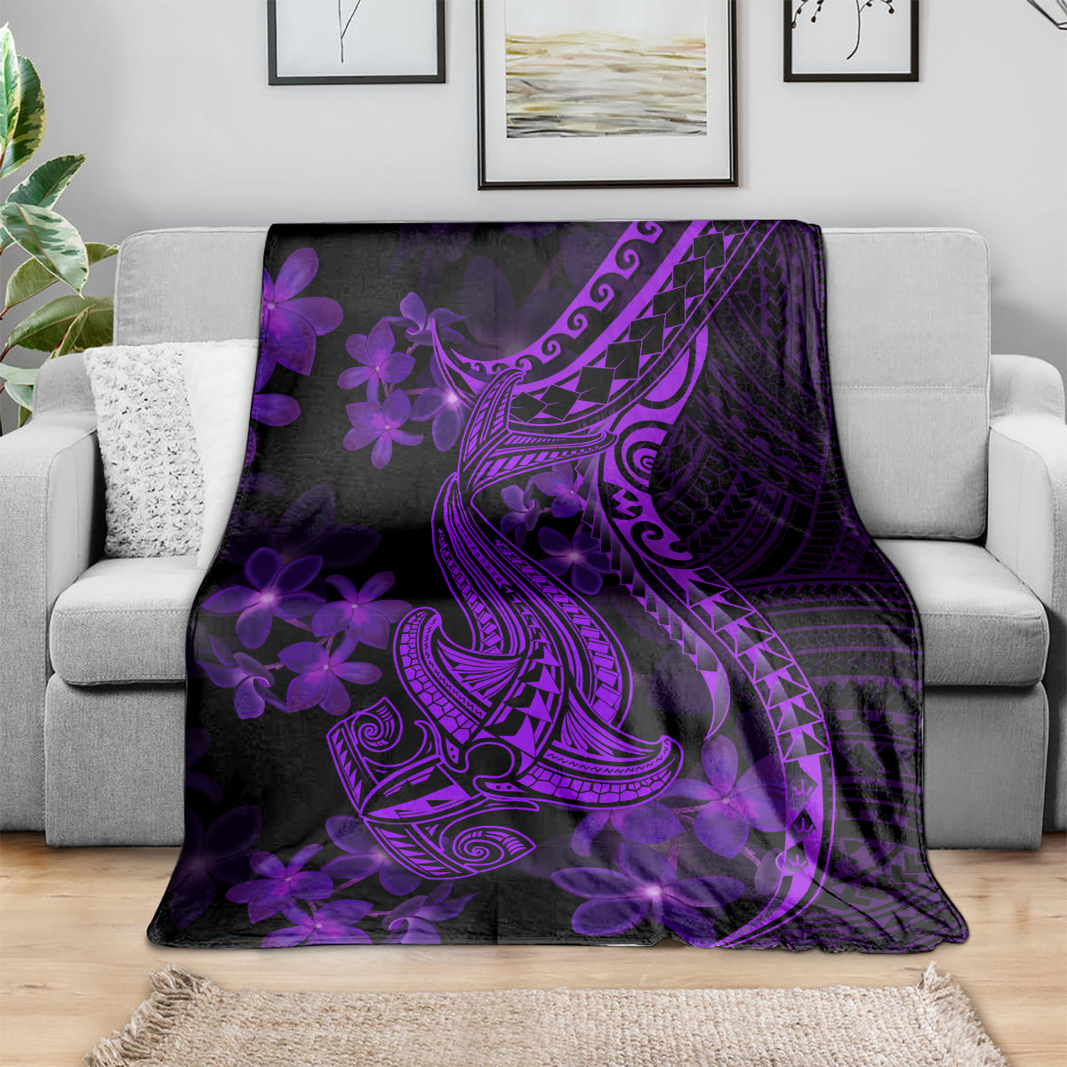 Purple Polynesia Shark Tattoo Blanket With Polynesian Plumeria LT14 - Polynesian Pride