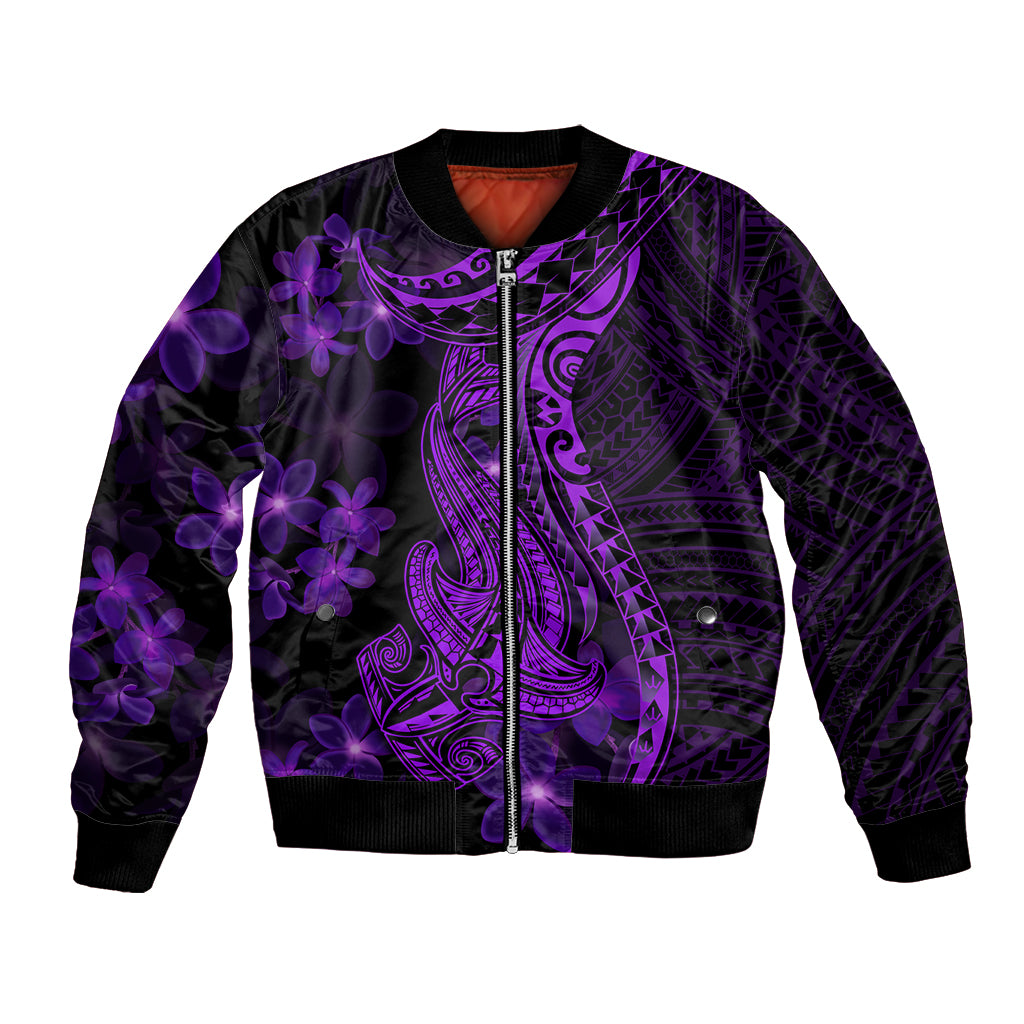 Purple Polynesia Shark Tattoo Bomber Jacket With Polynesian Plumeria LT14 Unisex Purple - Polynesian Pride