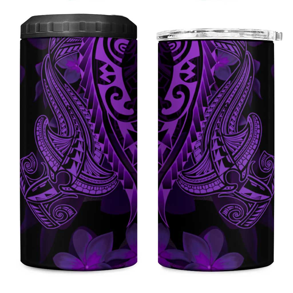 Purple Polynesia Shark Tattoo 4 in 1 Can Cooler Tumbler With Polynesian Plumeria
