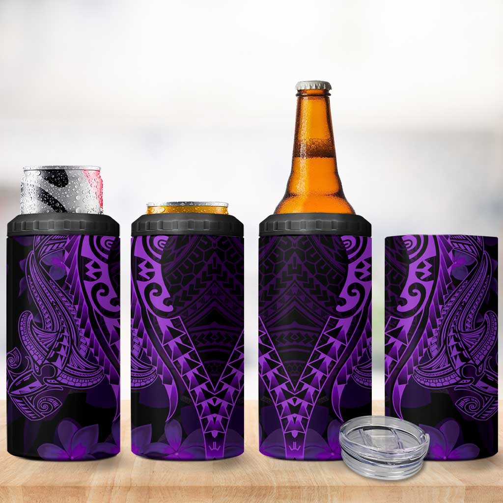 Purple Polynesia Shark Tattoo 4 in 1 Can Cooler Tumbler With Polynesian Plumeria