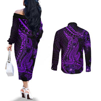 Purple Polynesia Shark Tattoo Couples Matching Off The Shoulder Long Sleeve Dress and Long Sleeve Button Shirt With Polynesian Plumeria LT14 - Polynesian Pride
