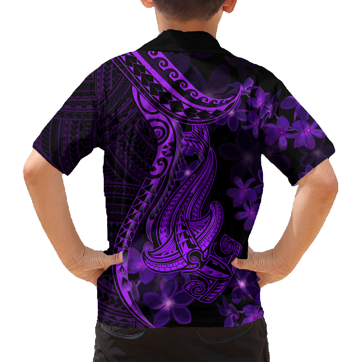 Purple Polynesia Shark Tattoo Family Matching Tank Maxi Dress and Hawaiian Shirt With Polynesian Plumeria LT14 - Polynesian Pride
