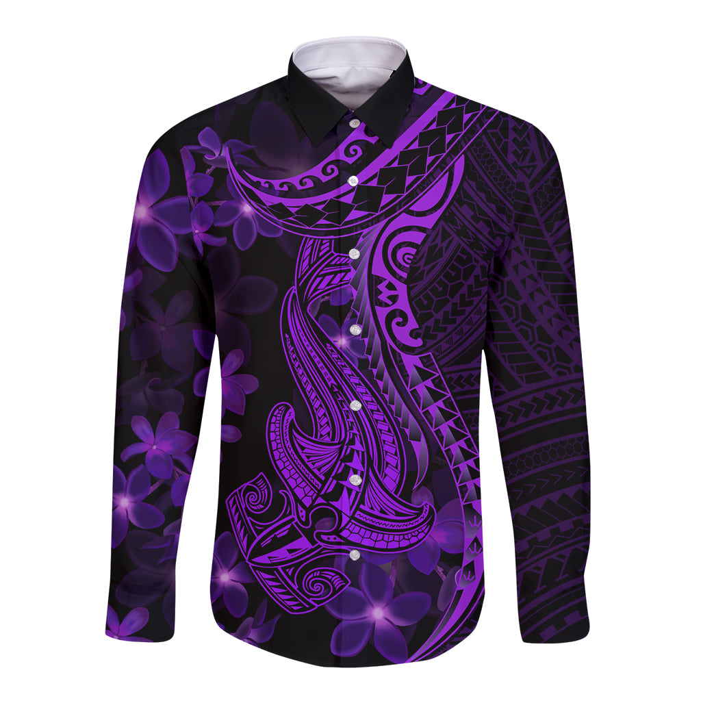Purple Polynesia Shark Tattoo Long Sleeve Button Shirt With Polynesian Plumeria LT14 Unisex Purple - Polynesian Pride