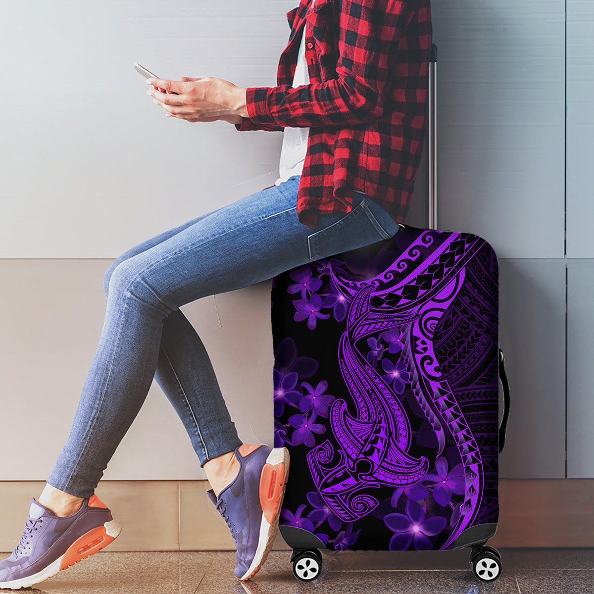 Purple Polynesia Shark Tattoo Luggage Cover With Polynesian Plumeria LT14 - Polynesian Pride