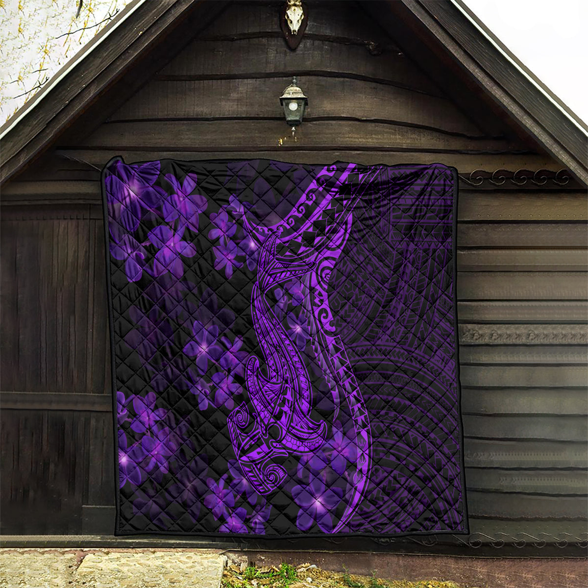 Purple Polynesia Shark Tattoo Quilt With Polynesian Plumeria LT14 - Polynesian Pride