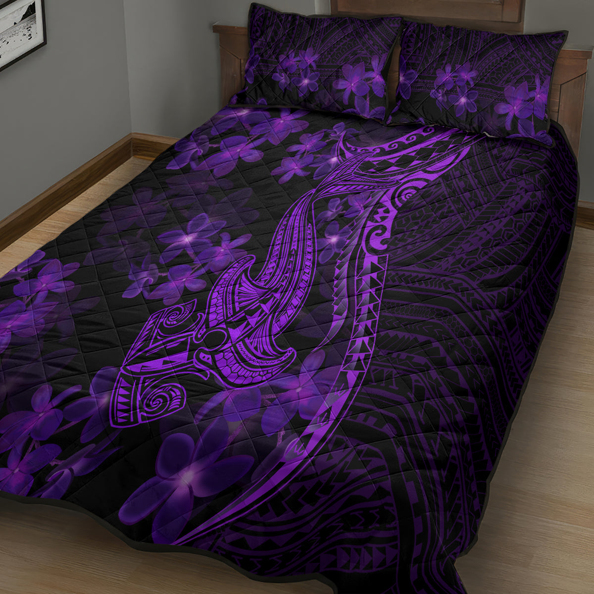 Purple Polynesia Shark Tattoo Quilt Bed Set With Polynesian Plumeria LT14 - Polynesian Pride