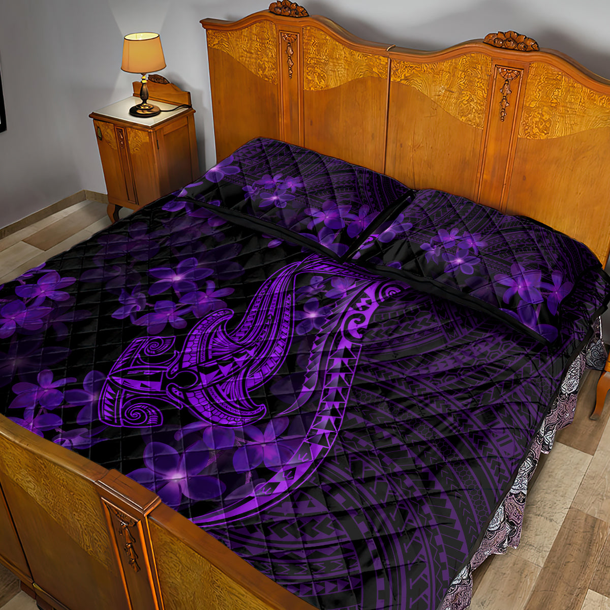 Purple Polynesia Shark Tattoo Quilt Bed Set With Polynesian Plumeria LT14 - Polynesian Pride