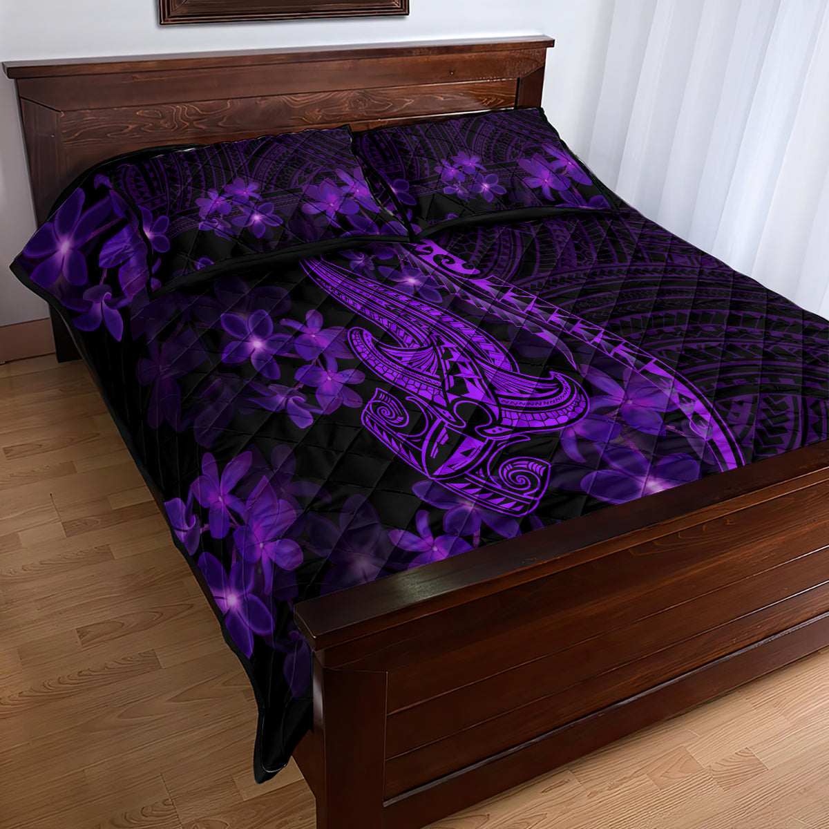 Purple Polynesia Shark Tattoo Quilt Bed Set With Polynesian Plumeria LT14 - Polynesian Pride