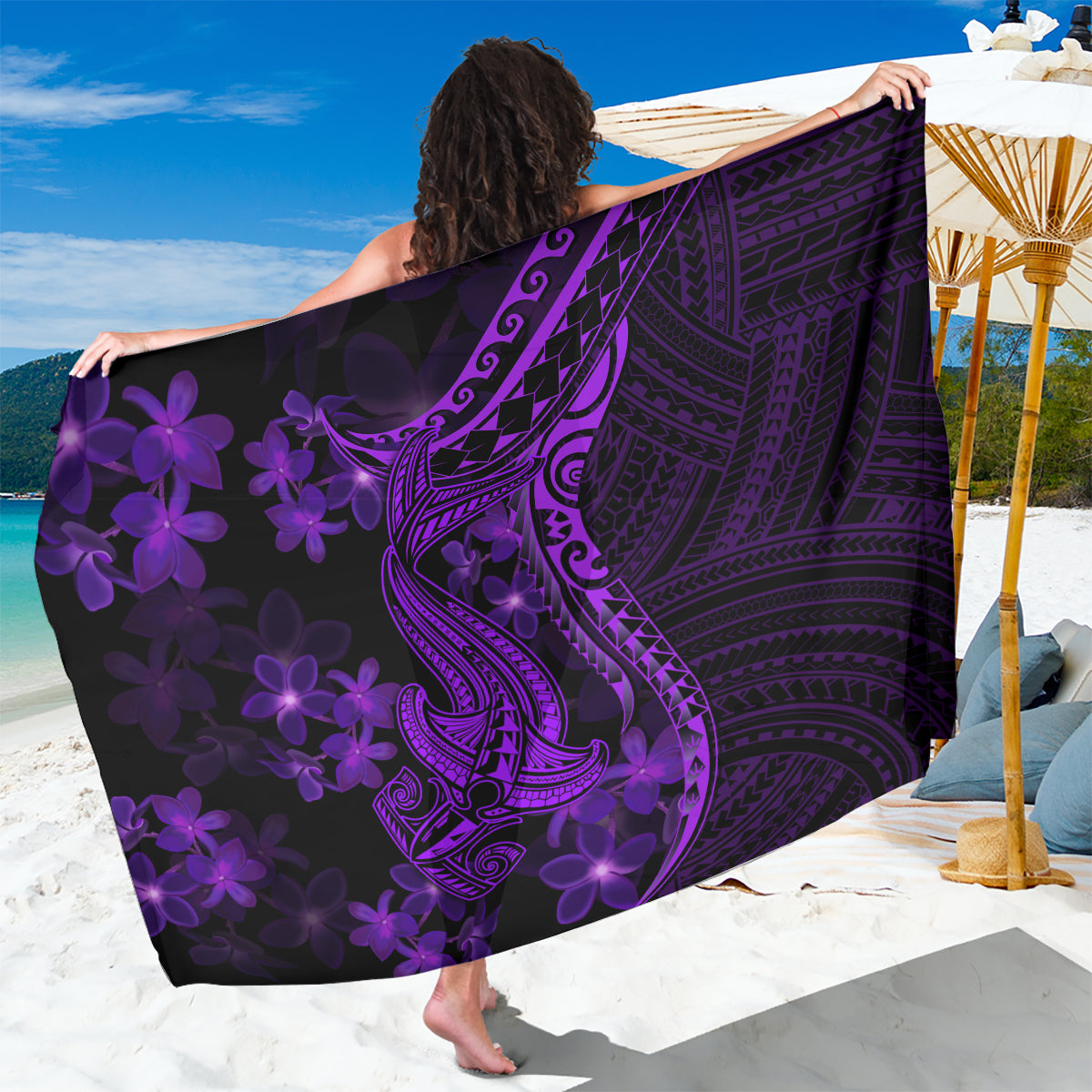 Purple Polynesia Shark Tattoo Sarong With Polynesian Plumeria LT14 One Size 44 x 66 inches Purple - Polynesian Pride