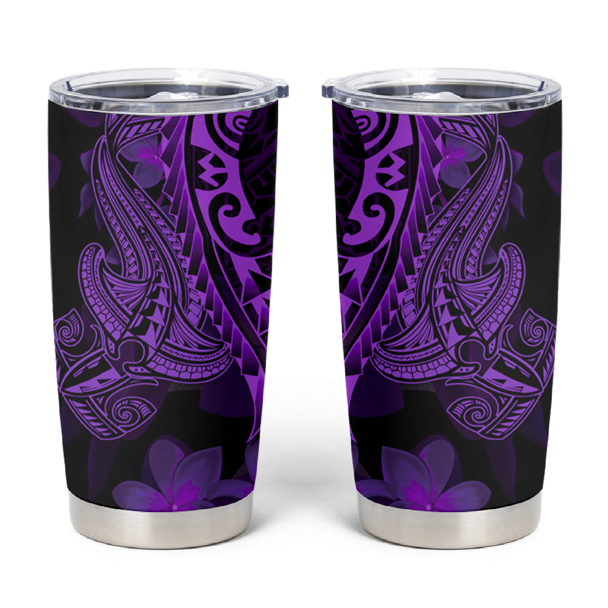 Purple Polynesia Shark Tattoo Tumbler Cup With Polynesian Plumeria