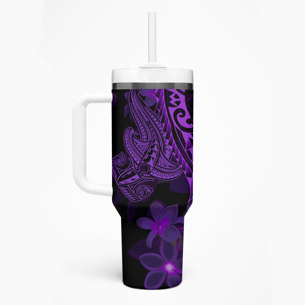 Purple Polynesia Shark Tattoo Tumbler With Handle With Polynesian Plumeria