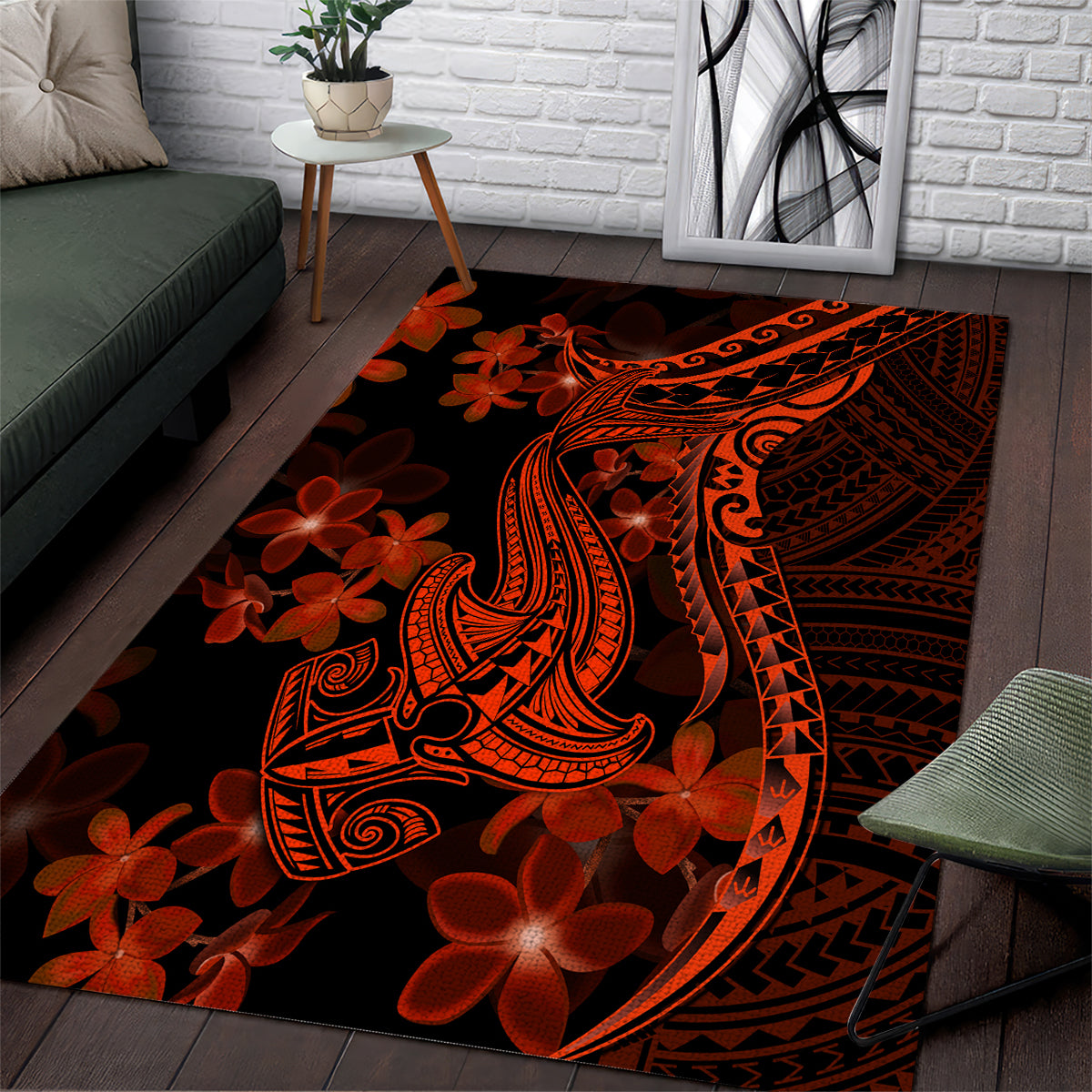 Red Polynesia Area Rug Shark Tattoo With Polynesian Plumeria LT14 Red - Polynesian Pride