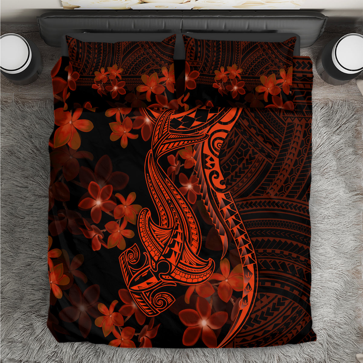 Red Polynesia Bedding Set Shark Tattoo With Polynesian Plumeria LT14 Red - Polynesian Pride