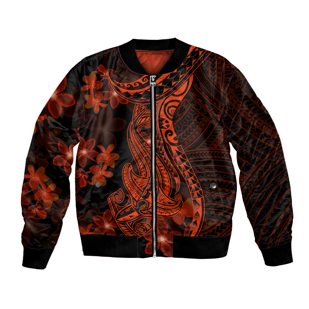 Red Polynesia Bomber Jacket Shark Tattoo With Polynesian Plumeria LT14 Unisex Red - Polynesian Pride