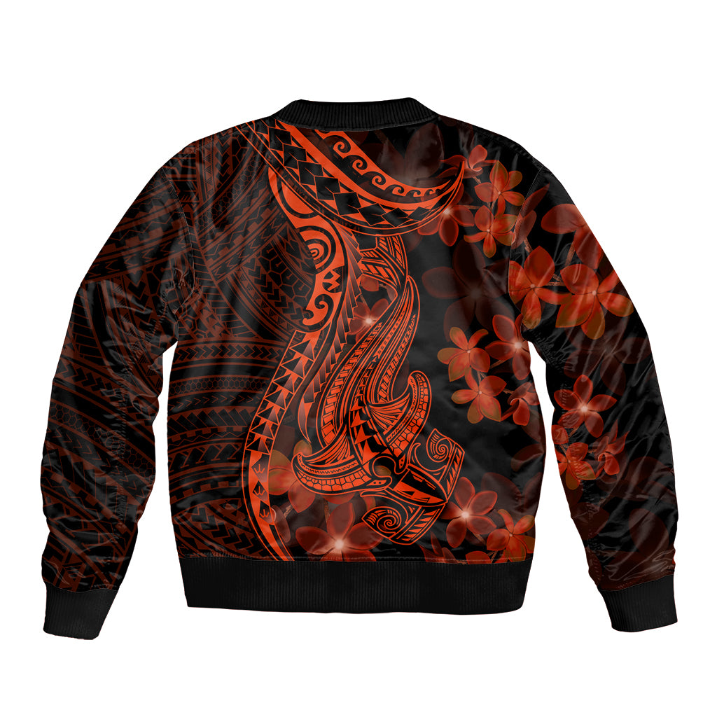 Red Polynesia Bomber Jacket Shark Tattoo With Polynesian Plumeria LT14 - Polynesian Pride