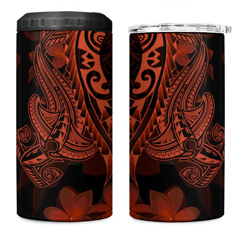 Red Polynesia 4 in 1 Can Cooler Tumbler Shark Tattoo With Polynesian Plumeria