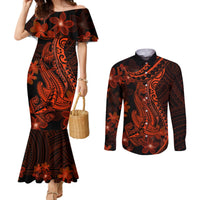 Red Polynesia Couples Matching Mermaid Dress and Long Sleeve Button Shirt Shark Tattoo With Polynesian Plumeria LT14 Red - Polynesian Pride