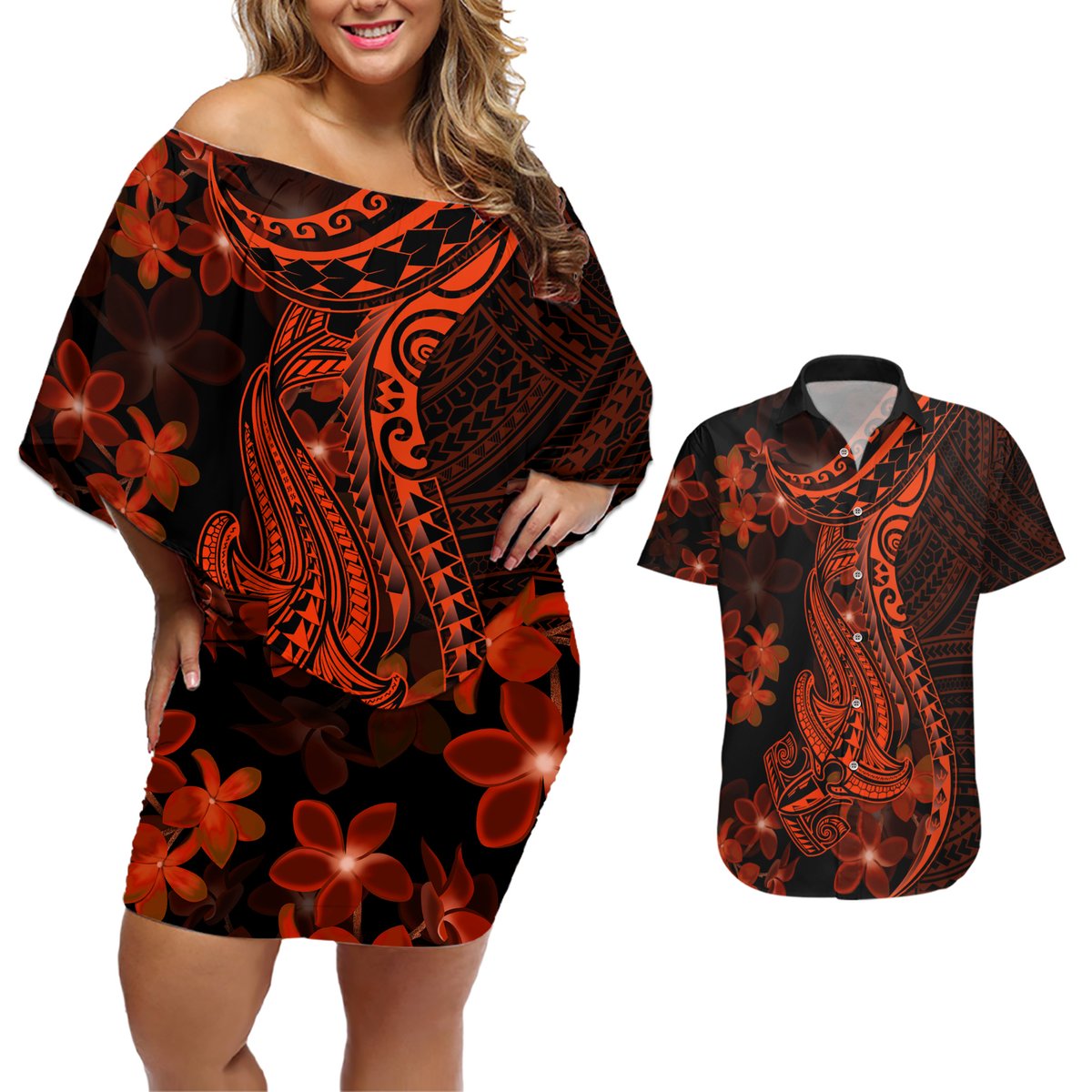 Red Polynesia Couples Matching Off Shoulder Short Dress and Hawaiian Shirt Shark Tattoo With Polynesian Plumeria LT14 Red - Polynesian Pride