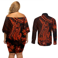 Red Polynesia Couples Matching Off Shoulder Short Dress and Long Sleeve Button Shirt Shark Tattoo With Polynesian Plumeria LT14 - Polynesian Pride