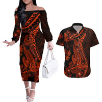 Red Polynesia Couples Matching Off The Shoulder Long Sleeve Dress and Hawaiian Shirt Shark Tattoo With Polynesian Plumeria LT14 Red - Polynesian Pride