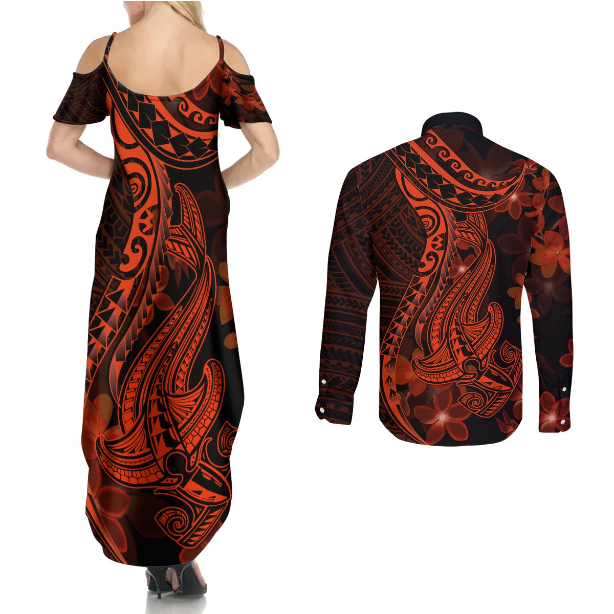 Red Polynesia Couples Matching Summer Maxi Dress and Long Sleeve Button Shirt Shark Tattoo With Polynesian Plumeria LT14 - Polynesian Pride