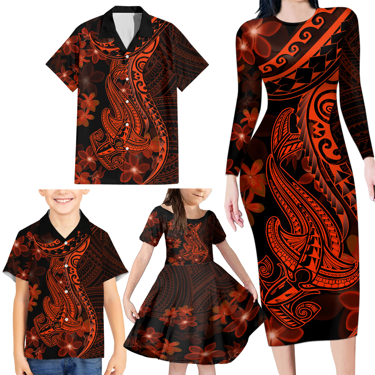 Red Polynesia Family Matching Long Sleeve Bodycon Dress and Hawaiian Shirt Shark Tattoo With Polynesian Plumeria LT14 - Polynesian Pride