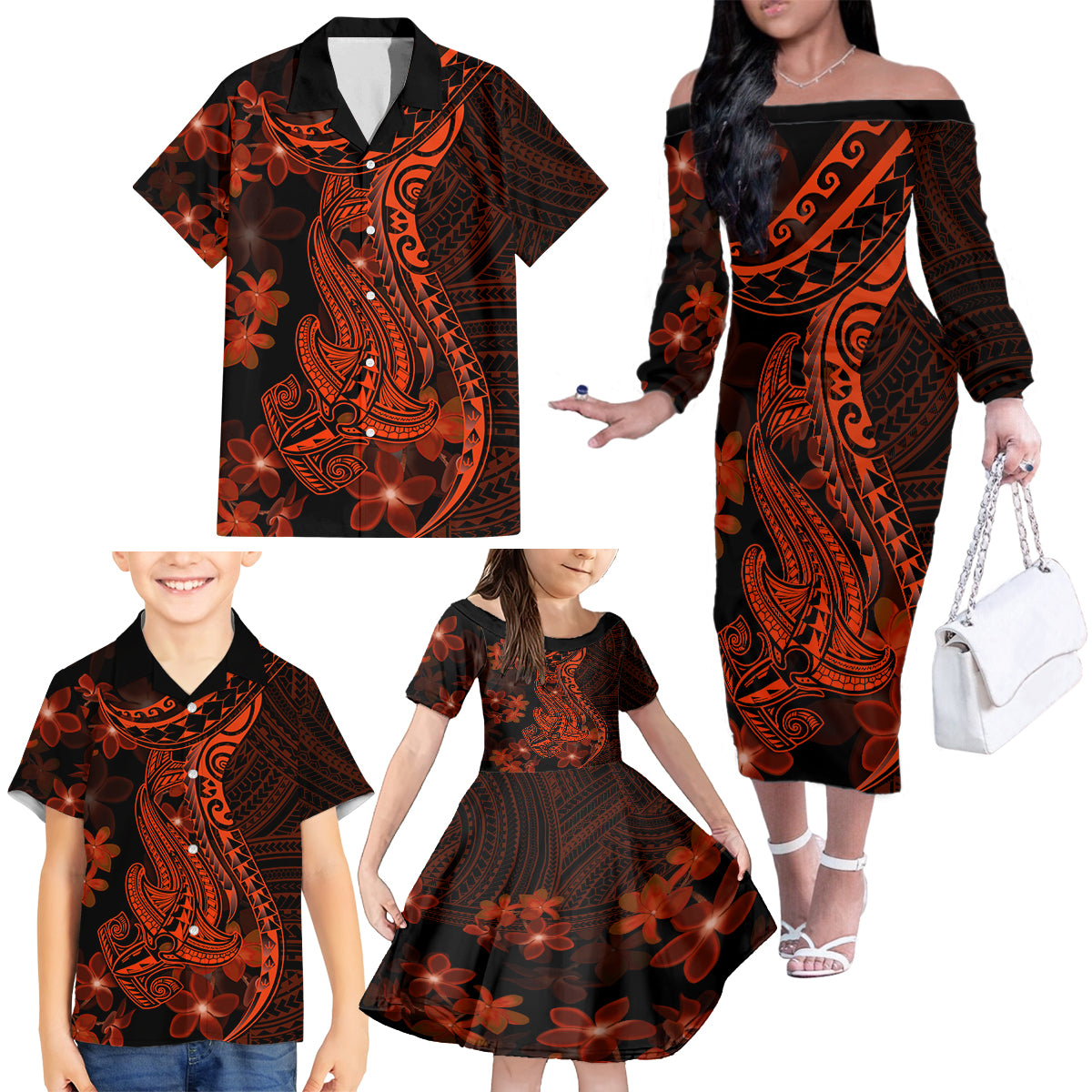Red Polynesia Family Matching Off Shoulder Long Sleeve Dress and Hawaiian Shirt Shark Tattoo With Polynesian Plumeria LT14 - Polynesian Pride